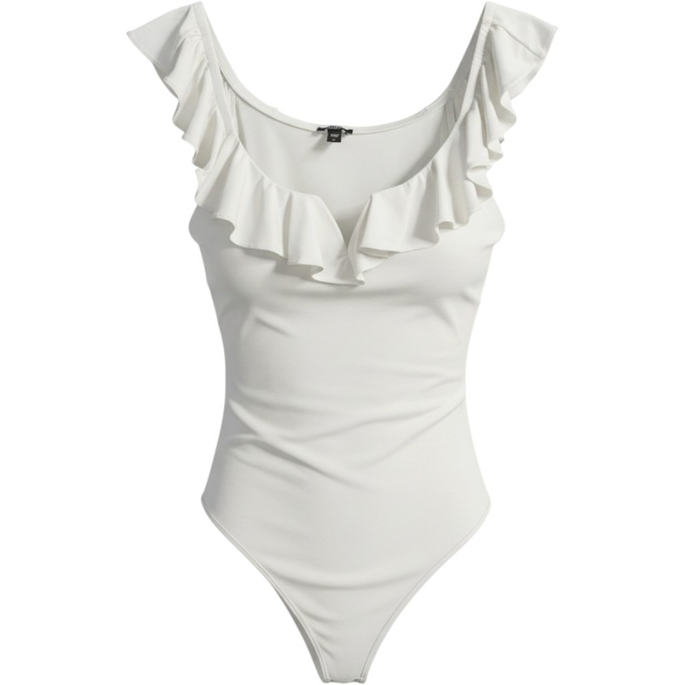 Express Body Contour Ruffle Neck Bodysuit White Medium Sleeveless Snaps